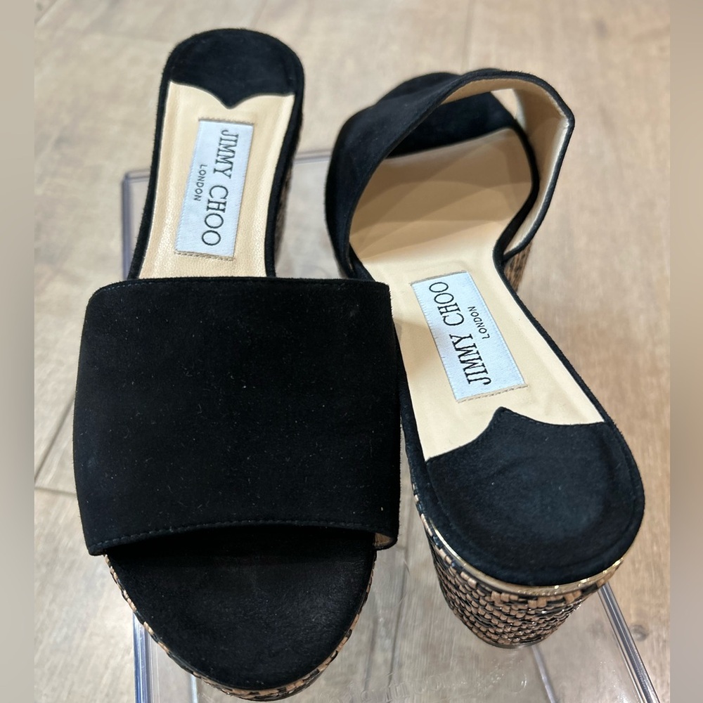 Black Suede Jimmy Choo Rafia mule wedge - Picture 5 of 8